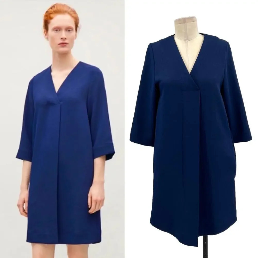COS Crossover V-neck Dress Navy Blue Shift 3/4 Sleeve‎ Size US 2
